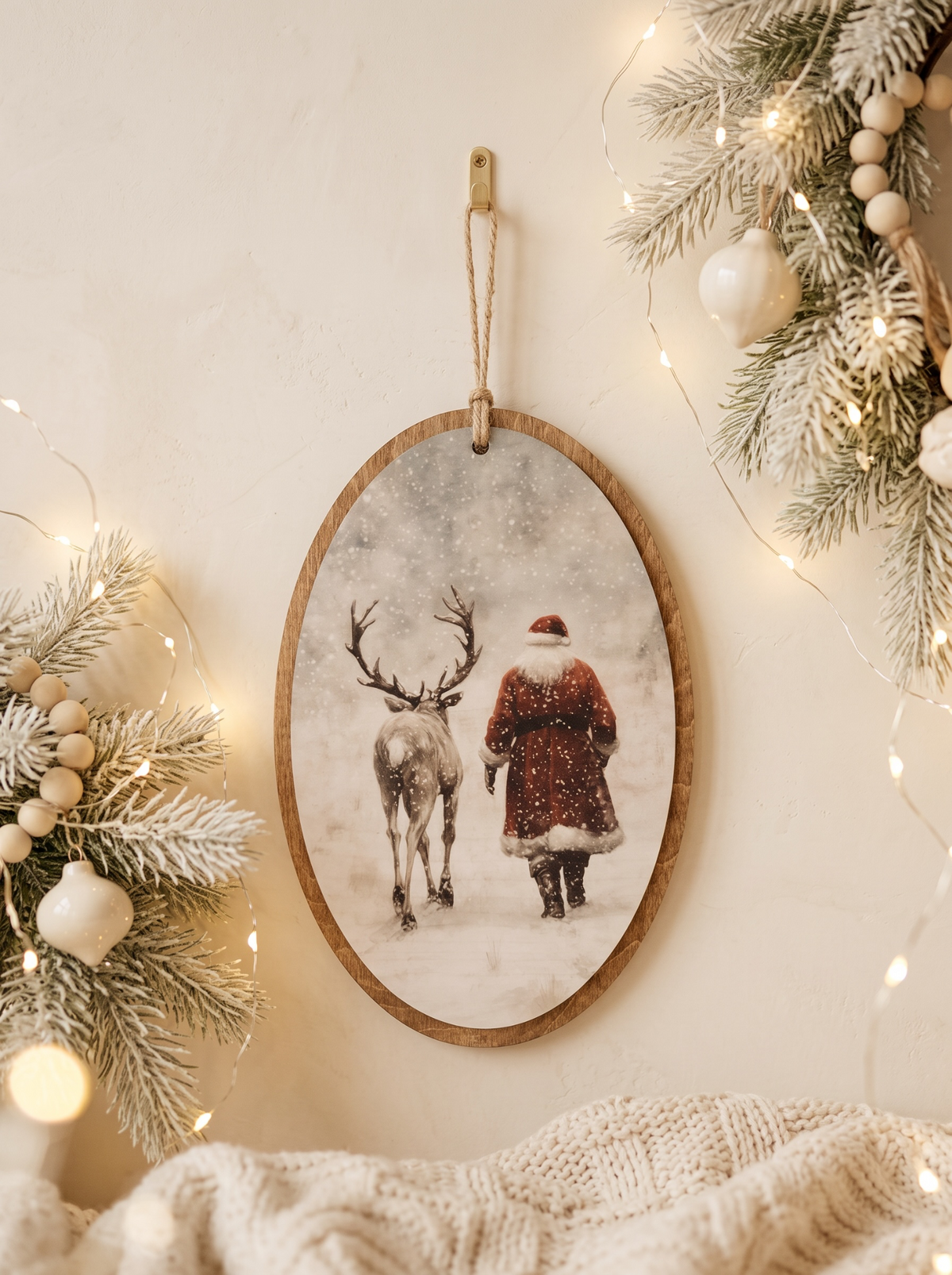 Cadre de Noël en bois La promenade du Père Noël avec son renne dans la neige
